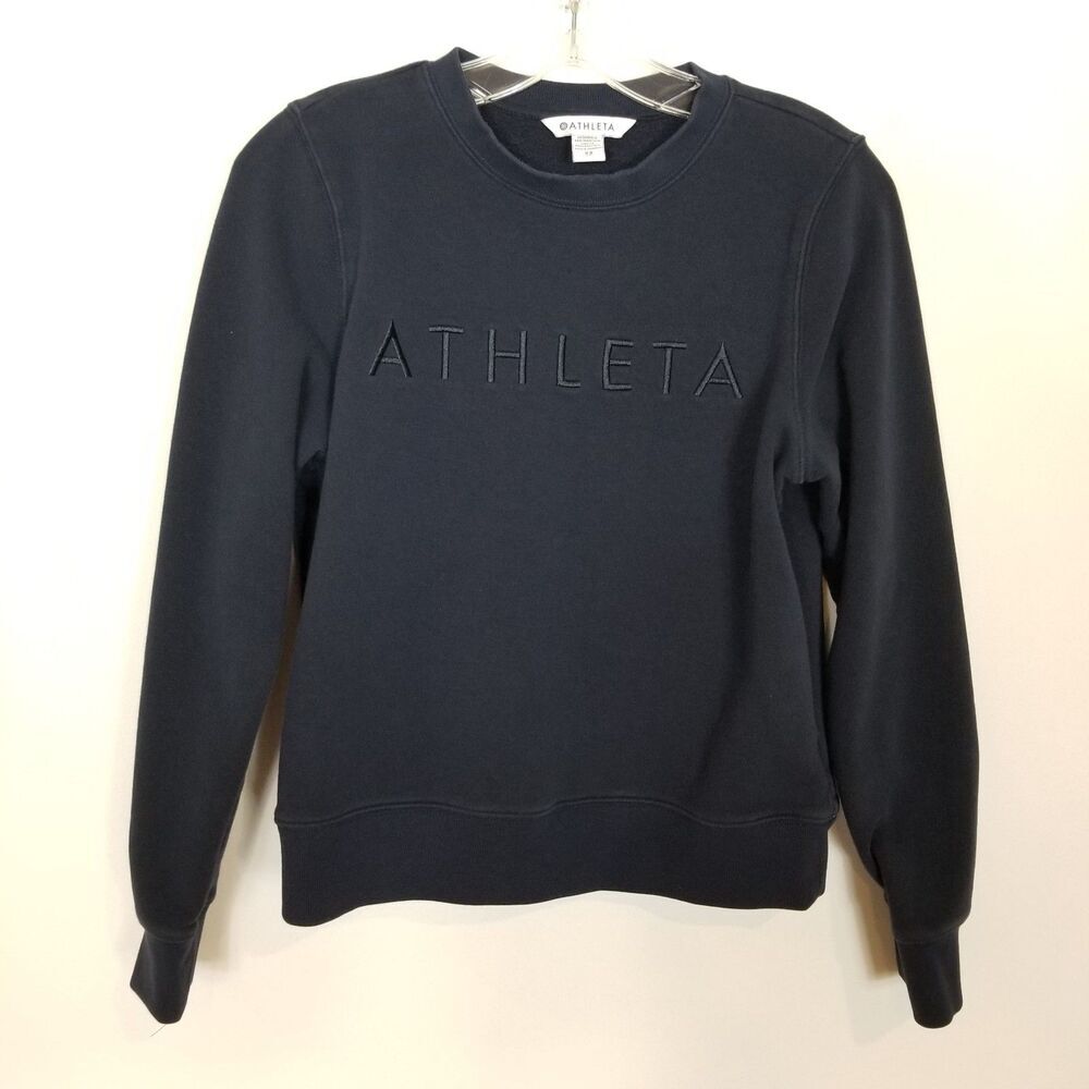 Athleta Women Logo Fleece Crewneck Sweatshirt Sz XS Navy Pullover Fleece Casual